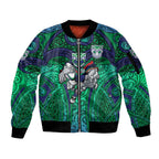 New Zealand Warriors Rugby Sleeve Zip Bomber Jacket Polynesian Tribal Warrior Mask Green Blue Pattern