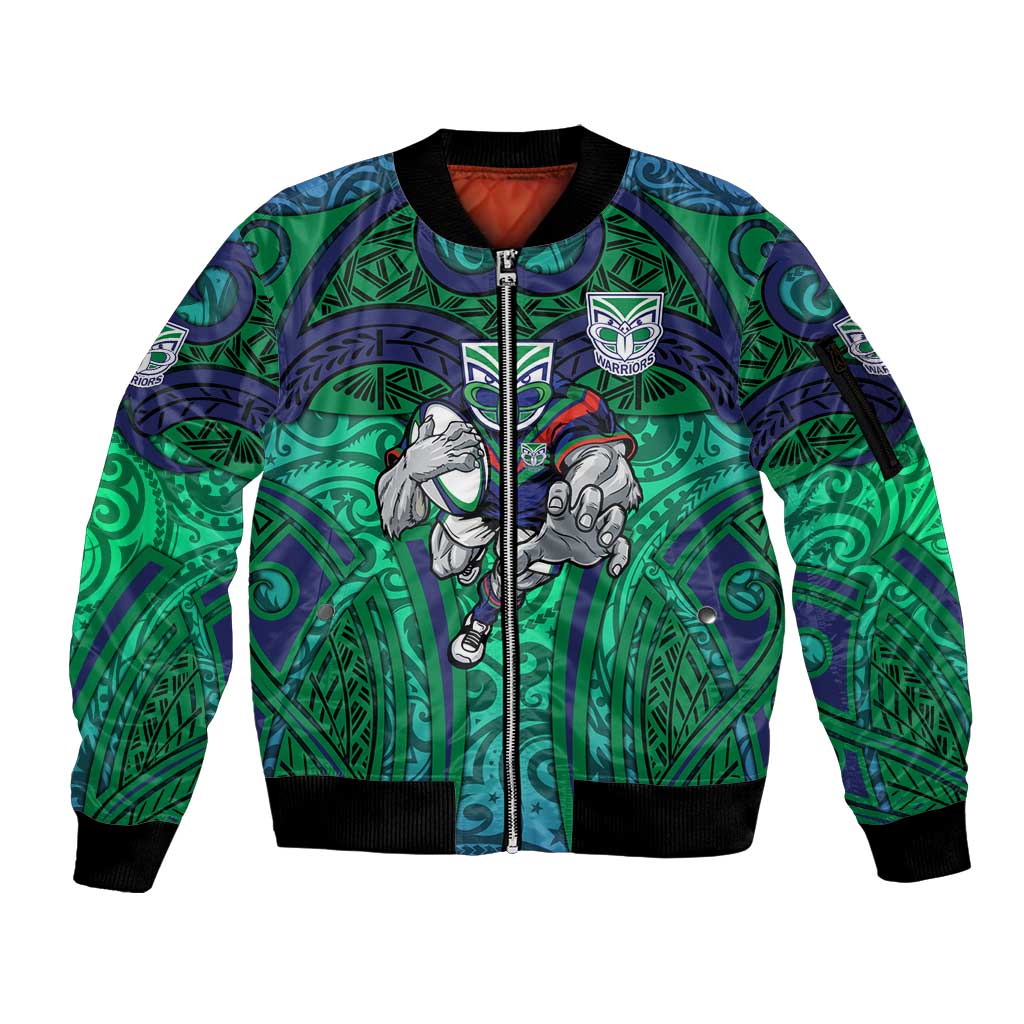 New Zealand Warriors Rugby Sleeve Zip Bomber Jacket Polynesian Tribal Warrior Mask Green Blue Pattern