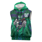 New Zealand Warriors Rugby Sleeveless Hoodie Polynesian Tribal Warrior Mask Green Blue Pattern