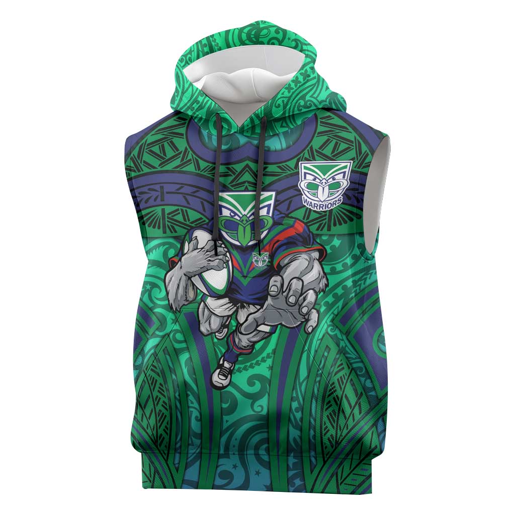 New Zealand Warriors Rugby Sleeveless Hoodie Polynesian Tribal Warrior Mask Green Blue Pattern