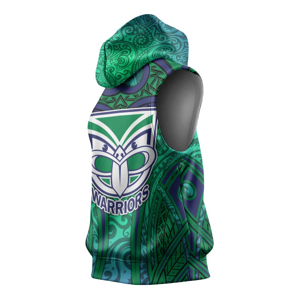 New Zealand Warriors Rugby Sleeveless Hoodie Polynesian Tribal Warrior Mask Green Blue Pattern
