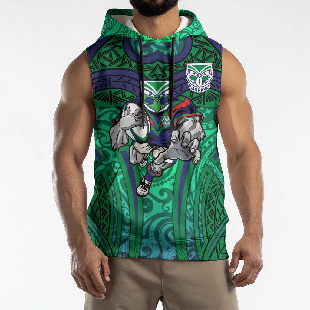 New Zealand Warriors Rugby Sleeveless Hoodie Polynesian Tribal Warrior Mask Green Blue Pattern