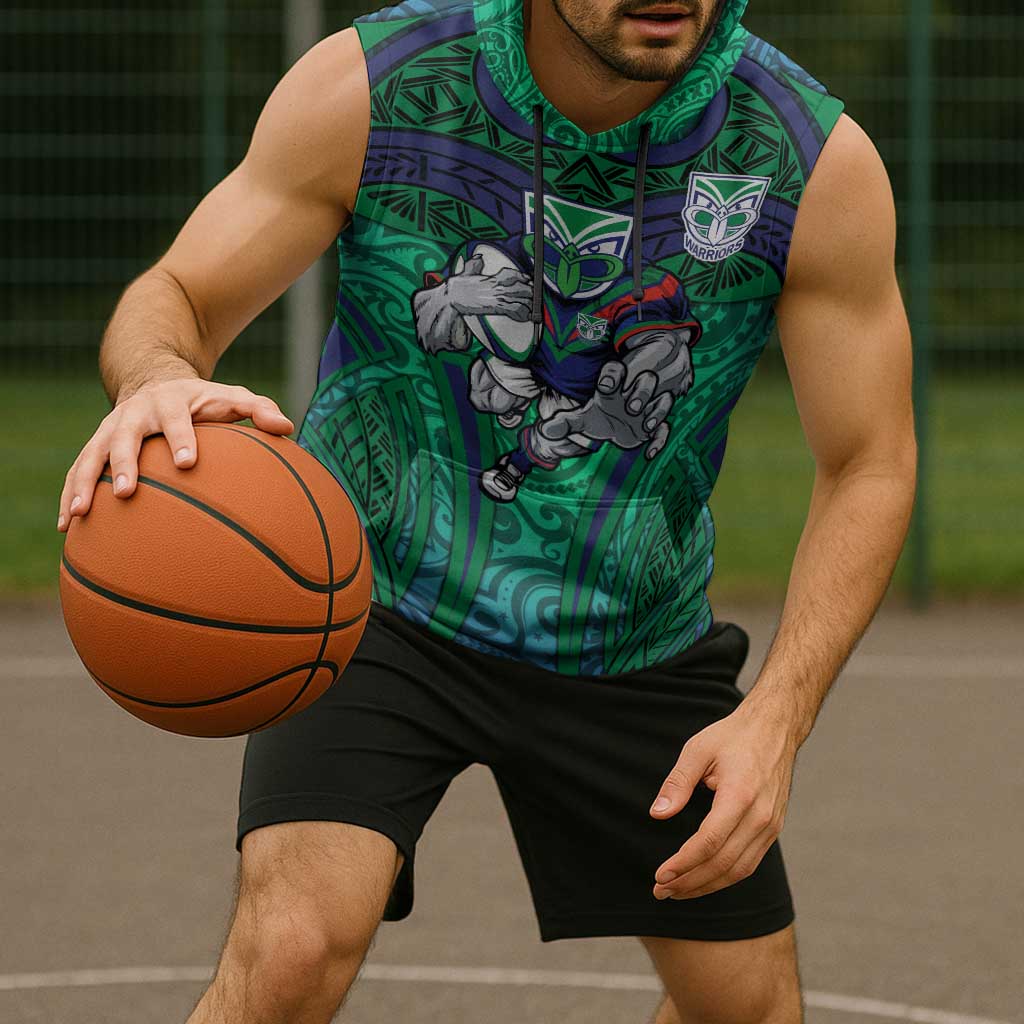 New Zealand Warriors Rugby Sleeveless Hoodie Polynesian Tribal Warrior Mask Green Blue Pattern