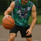 New Zealand Warriors Rugby Sleeveless Hoodie Polynesian Tribal Warrior Mask Green Blue Pattern