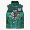New Zealand Warriors Rugby Sleeveless Puffer Jacket Polynesian Tribal Warrior Mask Green Blue Pattern