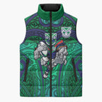 New Zealand Warriors Rugby Sleeveless Puffer Jacket Polynesian Tribal Warrior Mask Green Blue Pattern