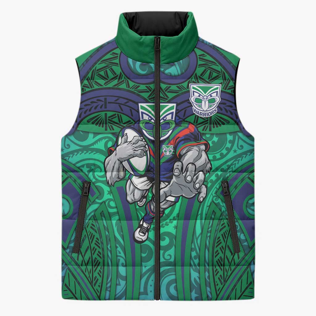 New Zealand Warriors Rugby Sleeveless Puffer Jacket Polynesian Tribal Warrior Mask Green Blue Pattern