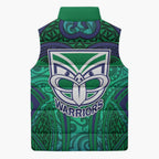 New Zealand Warriors Rugby Sleeveless Puffer Jacket Polynesian Tribal Warrior Mask Green Blue Pattern