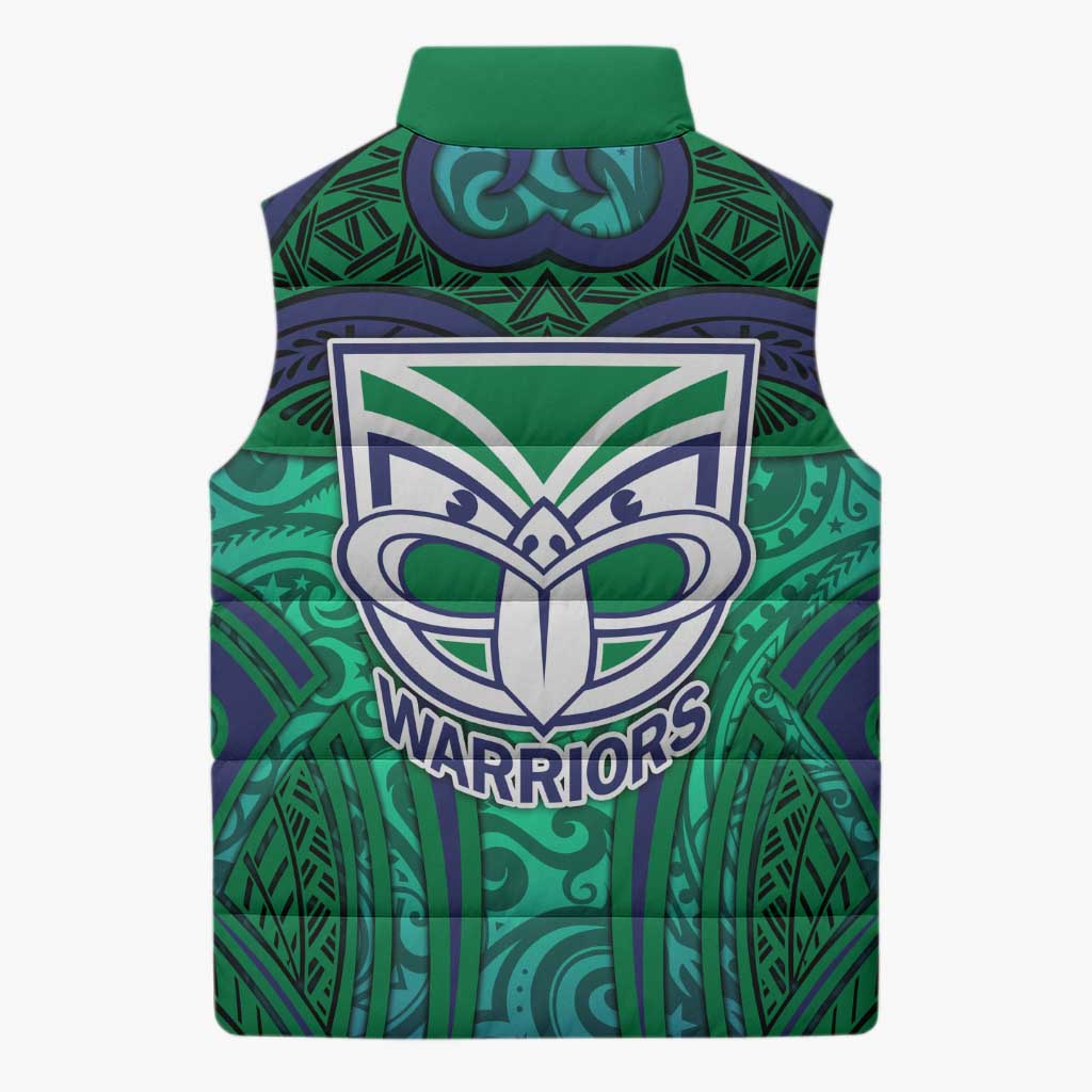 New Zealand Warriors Rugby Sleeveless Puffer Jacket Polynesian Tribal Warrior Mask Green Blue Pattern
