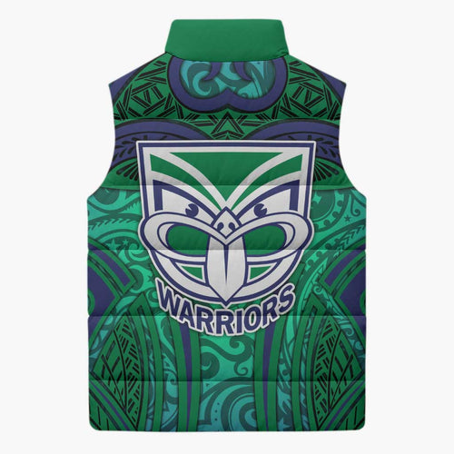 New Zealand Warriors Rugby Sleeveless Puffer Jacket Polynesian Tribal Warrior Mask Green Blue Pattern