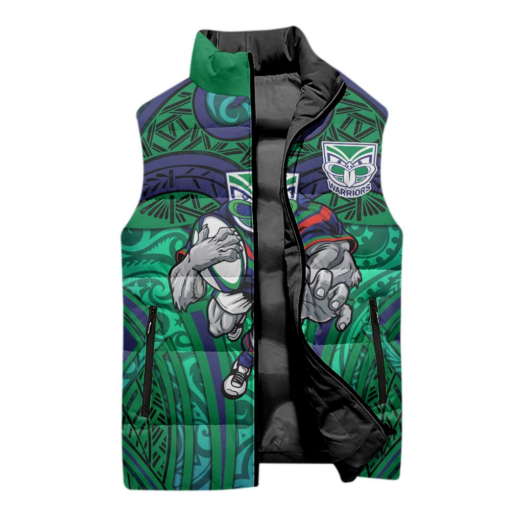 New Zealand Warriors Rugby Sleeveless Puffer Jacket Polynesian Tribal Warrior Mask Green Blue Pattern