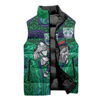 New Zealand Warriors Rugby Sleeveless Puffer Jacket Polynesian Tribal Warrior Mask Green Blue Pattern