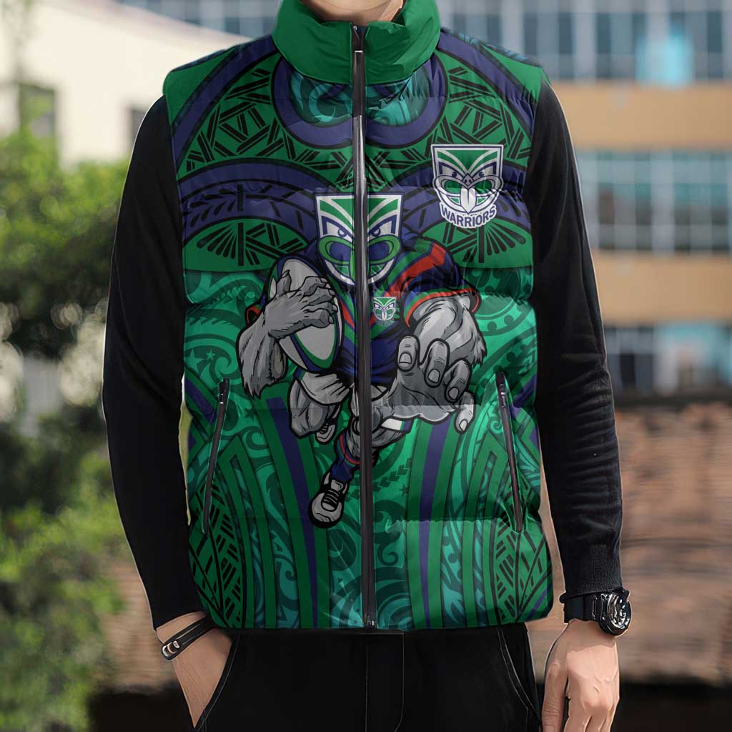 New Zealand Warriors Rugby Sleeveless Puffer Jacket Polynesian Tribal Warrior Mask Green Blue Pattern