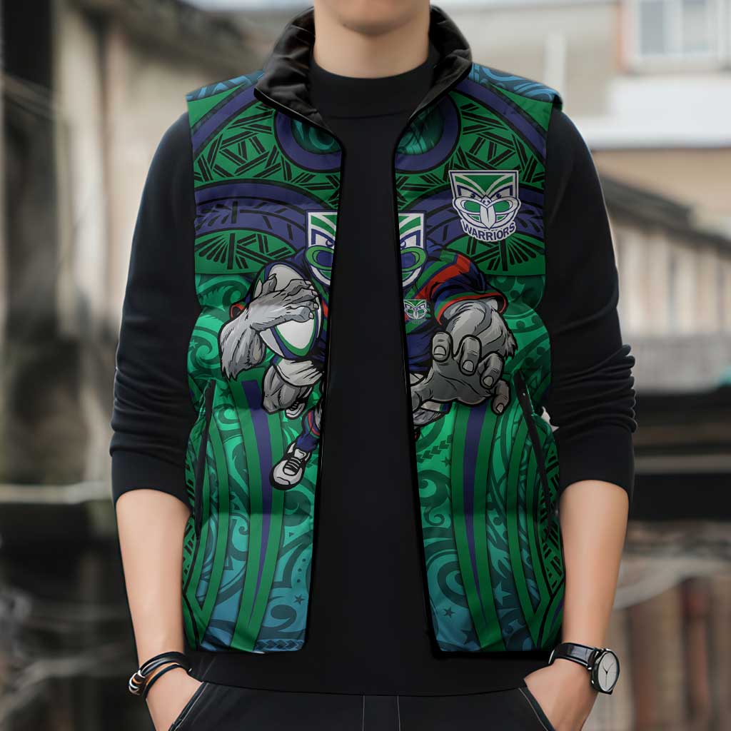 New Zealand Warriors Rugby Sleeveless Puffer Jacket Polynesian Tribal Warrior Mask Green Blue Pattern