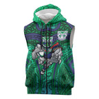 New Zealand Warriors Rugby Sleeveless Zip Hoodie Polynesian Tribal Warrior Mask Green Blue Pattern