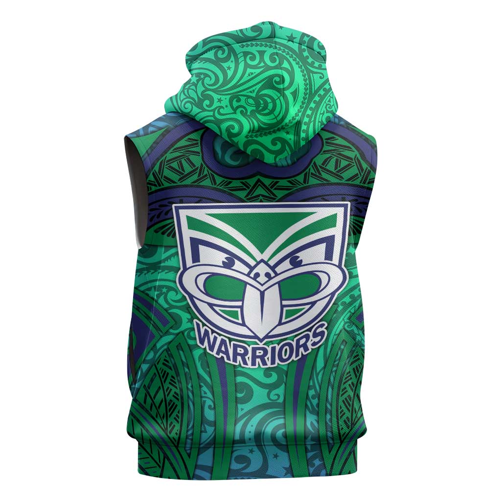 New Zealand Warriors Rugby Sleeveless Zip Hoodie Polynesian Tribal Warrior Mask Green Blue Pattern