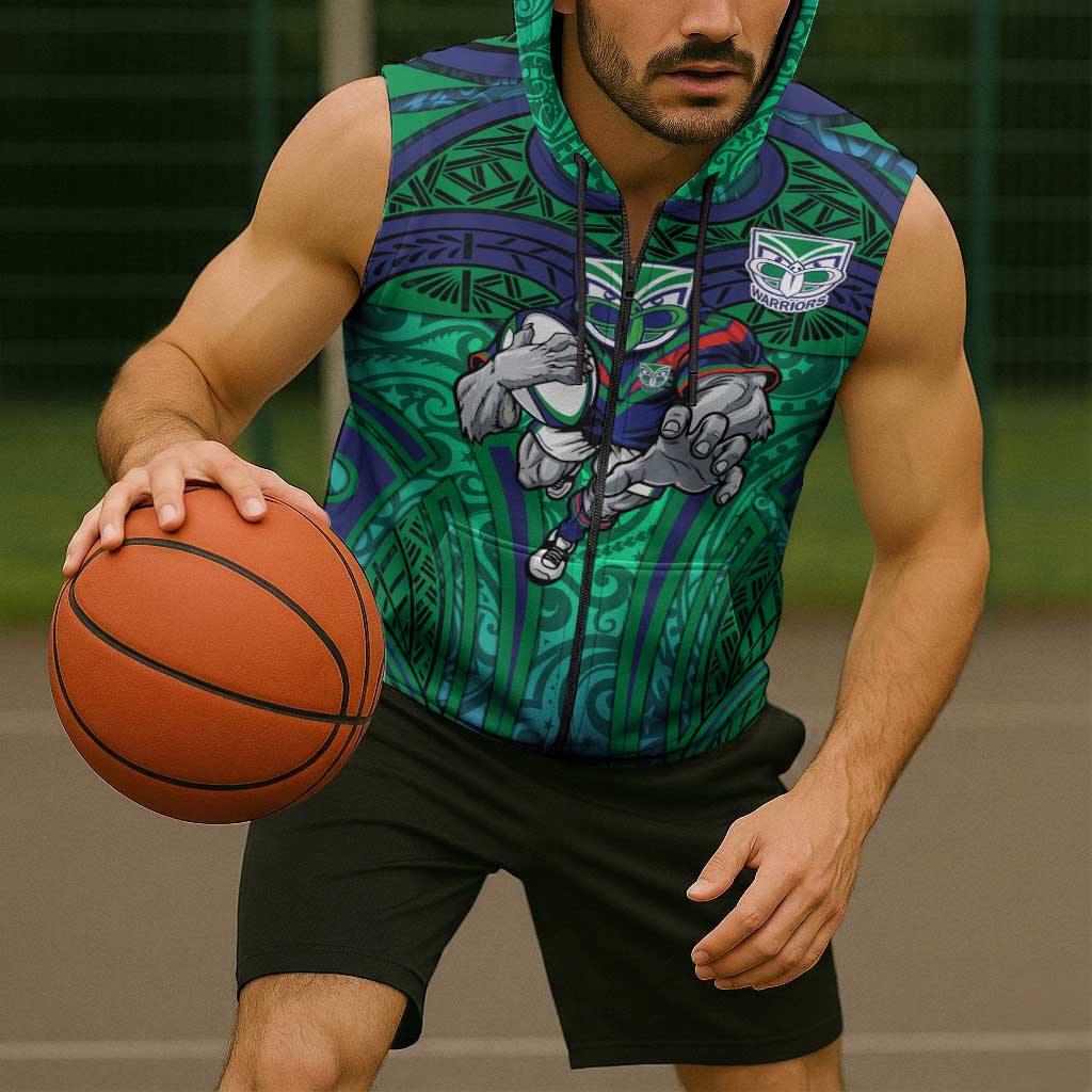 New Zealand Warriors Rugby Sleeveless Zip Hoodie Polynesian Tribal Warrior Mask Green Blue Pattern