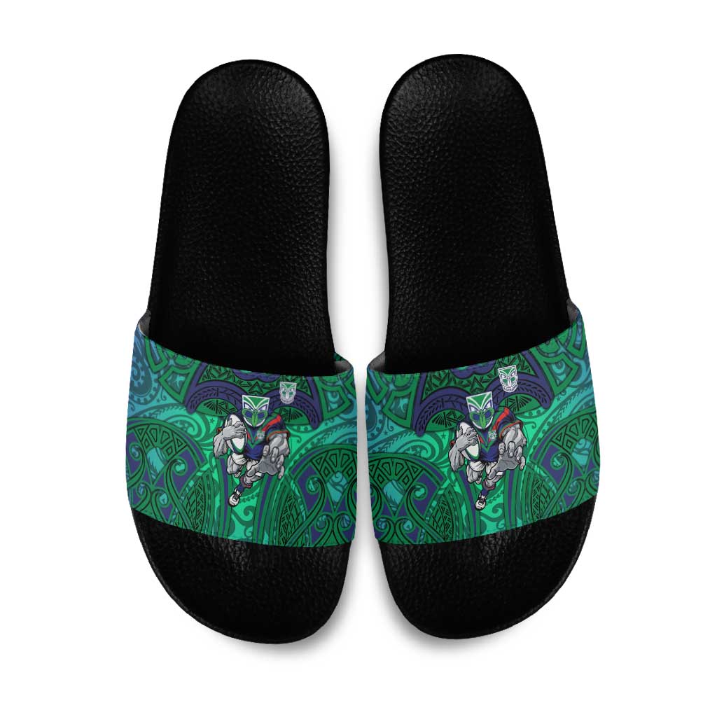New Zealand Warriors Rugby Slide Sandals Polynesian Tribal Warrior Mask Green Blue Pattern