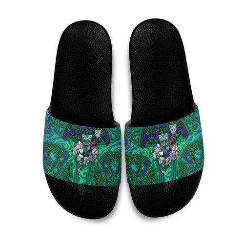 New Zealand Warriors Rugby Slide Sandals Polynesian Tribal Warrior Mask Green Blue Pattern