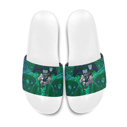 New Zealand Warriors Rugby Slide Sandals Polynesian Tribal Warrior Mask Green Blue Pattern