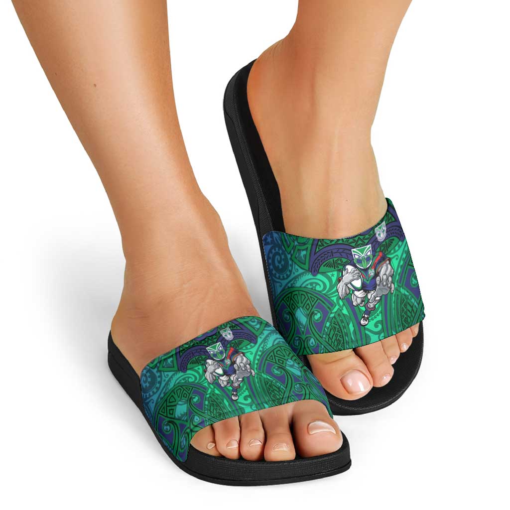 New Zealand Warriors Rugby Slide Sandals Polynesian Tribal Warrior Mask Green Blue Pattern