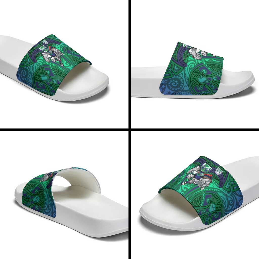 New Zealand Warriors Rugby Slide Sandals Polynesian Tribal Warrior Mask Green Blue Pattern