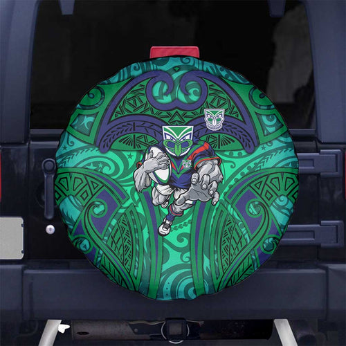 New Zealand Warriors Rugby Spare Tire Cover Polynesian Tribal Warrior Mask Green Blue Pattern