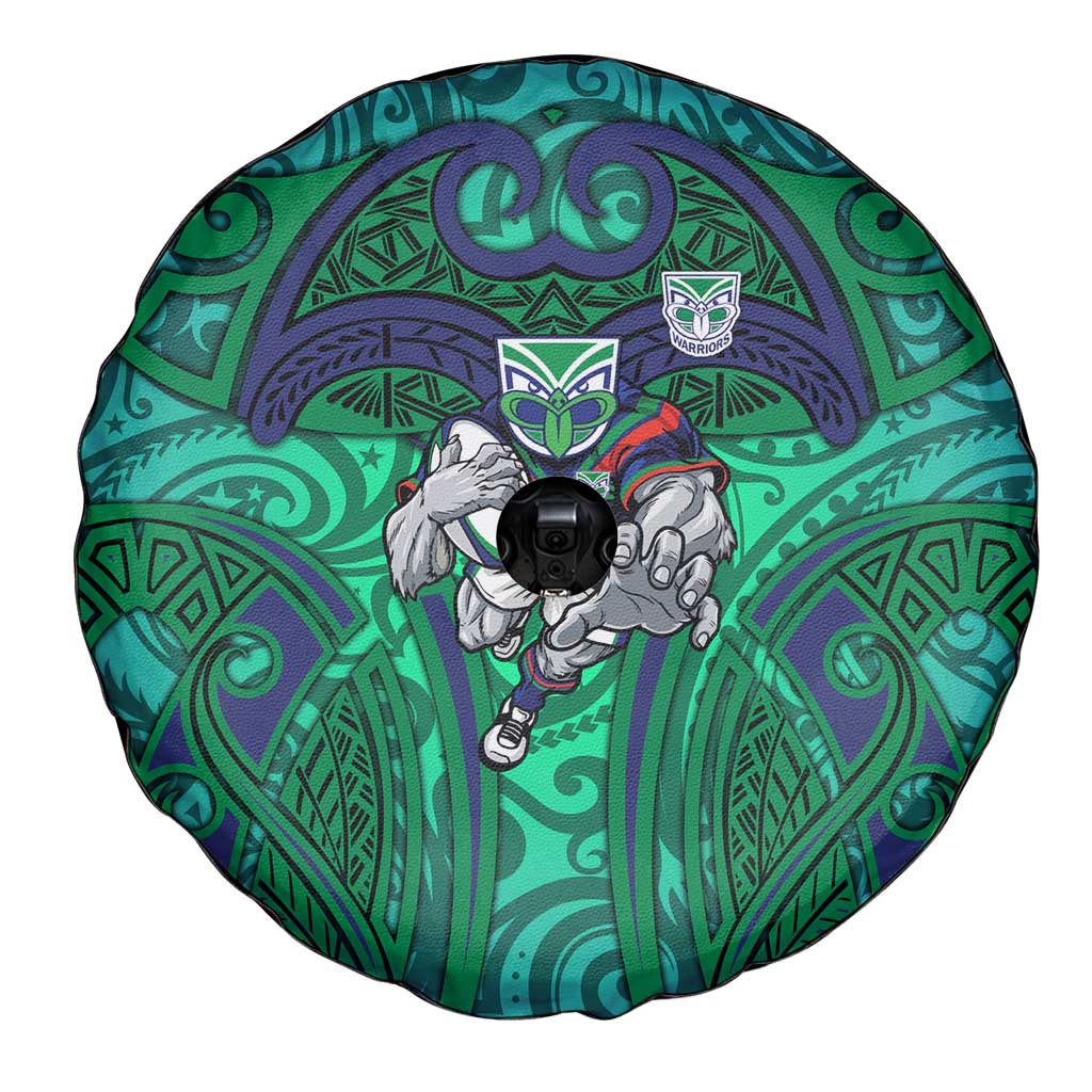 New Zealand Warriors Rugby Spare Tire Cover Polynesian Tribal Warrior Mask Green Blue Pattern