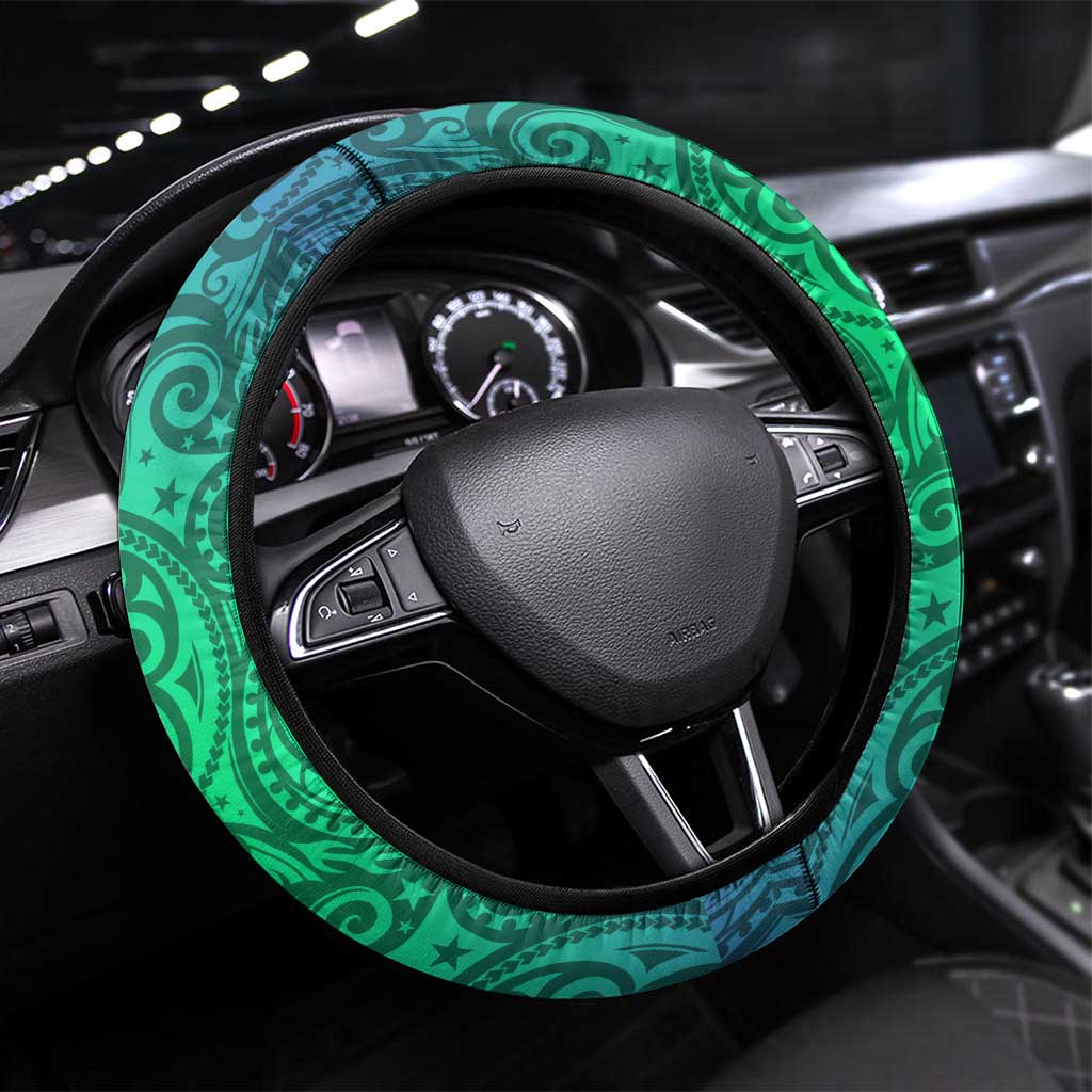 New Zealand Warriors Rugby Steering Wheel Cover Polynesian Tribal Warrior Mask Green Blue Pattern