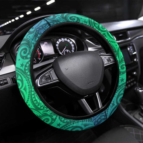 New Zealand Warriors Rugby Steering Wheel Cover Polynesian Tribal Warrior Mask Green Blue Pattern