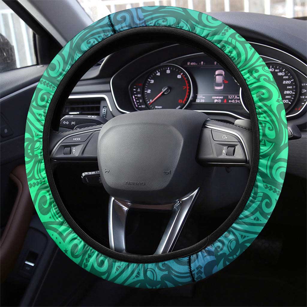 New Zealand Warriors Rugby Steering Wheel Cover Polynesian Tribal Warrior Mask Green Blue Pattern