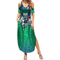 New Zealand Warriors Rugby Summer Maxi Dress Polynesian Tribal Warrior Mask Green Blue Pattern