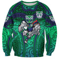 New Zealand Warriors Rugby Sweatshirt Polynesian Tribal Warrior Mask Green Blue Pattern