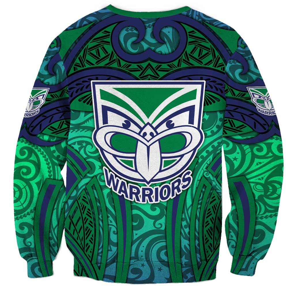 New Zealand Warriors Rugby Sweatshirt Polynesian Tribal Warrior Mask Green Blue Pattern