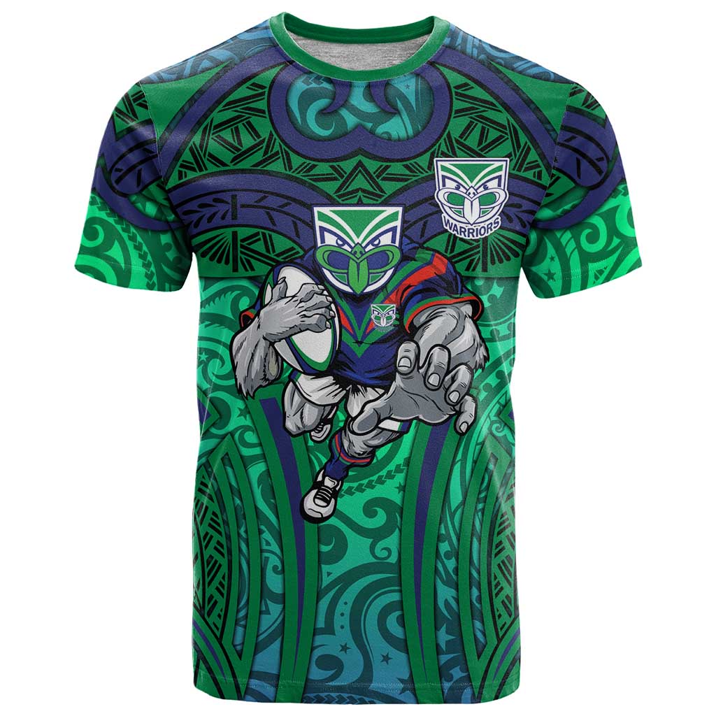 New Zealand Warriors Rugby T Shirt Polynesian Tribal Warrior Mask Green Blue Pattern