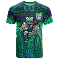 New Zealand Warriors Rugby T Shirt Polynesian Tribal Warrior Mask Green Blue Pattern