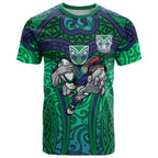 New Zealand Warriors Rugby T Shirt Polynesian Tribal Warrior Mask Green Blue Pattern