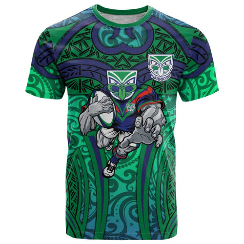 New Zealand Warriors Rugby T Shirt Polynesian Tribal Warrior Mask Green Blue Pattern