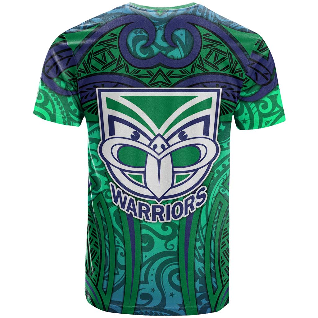 New Zealand Warriors Rugby T Shirt Polynesian Tribal Warrior Mask Green Blue Pattern