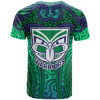 New Zealand Warriors Rugby T Shirt Polynesian Tribal Warrior Mask Green Blue Pattern