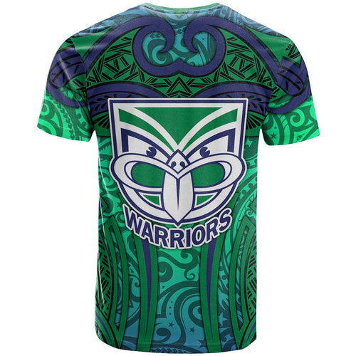 New Zealand Warriors Rugby T Shirt Polynesian Tribal Warrior Mask Green Blue Pattern