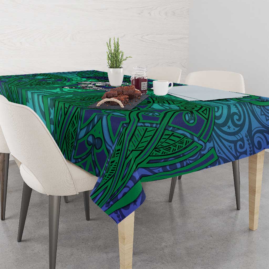 New Zealand Warriors Rugby Tablecloth Polynesian Tribal Warrior Mask Green Blue Pattern