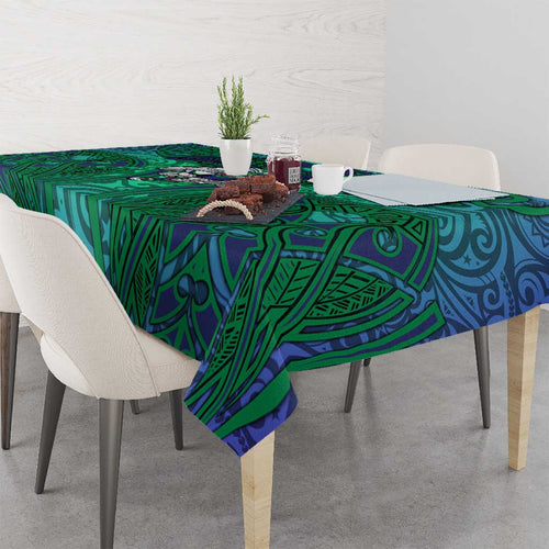 New Zealand Warriors Rugby Tablecloth Polynesian Tribal Warrior Mask Green Blue Pattern