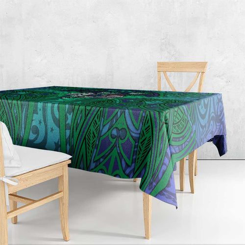 New Zealand Warriors Rugby Tablecloth Polynesian Tribal Warrior Mask Green Blue Pattern