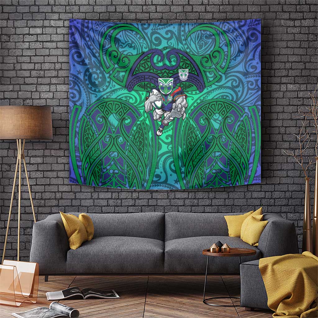 New Zealand Warriors Rugby Tapestry Polynesian Tribal Warrior Mask Green Blue Pattern