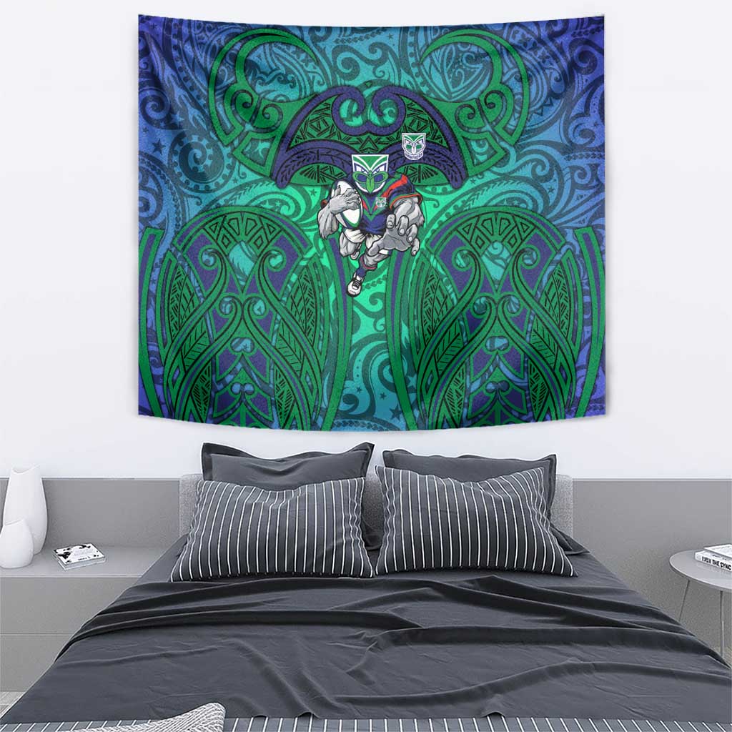 New Zealand Warriors Rugby Tapestry Polynesian Tribal Warrior Mask Green Blue Pattern