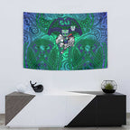 New Zealand Warriors Rugby Tapestry Polynesian Tribal Warrior Mask Green Blue Pattern