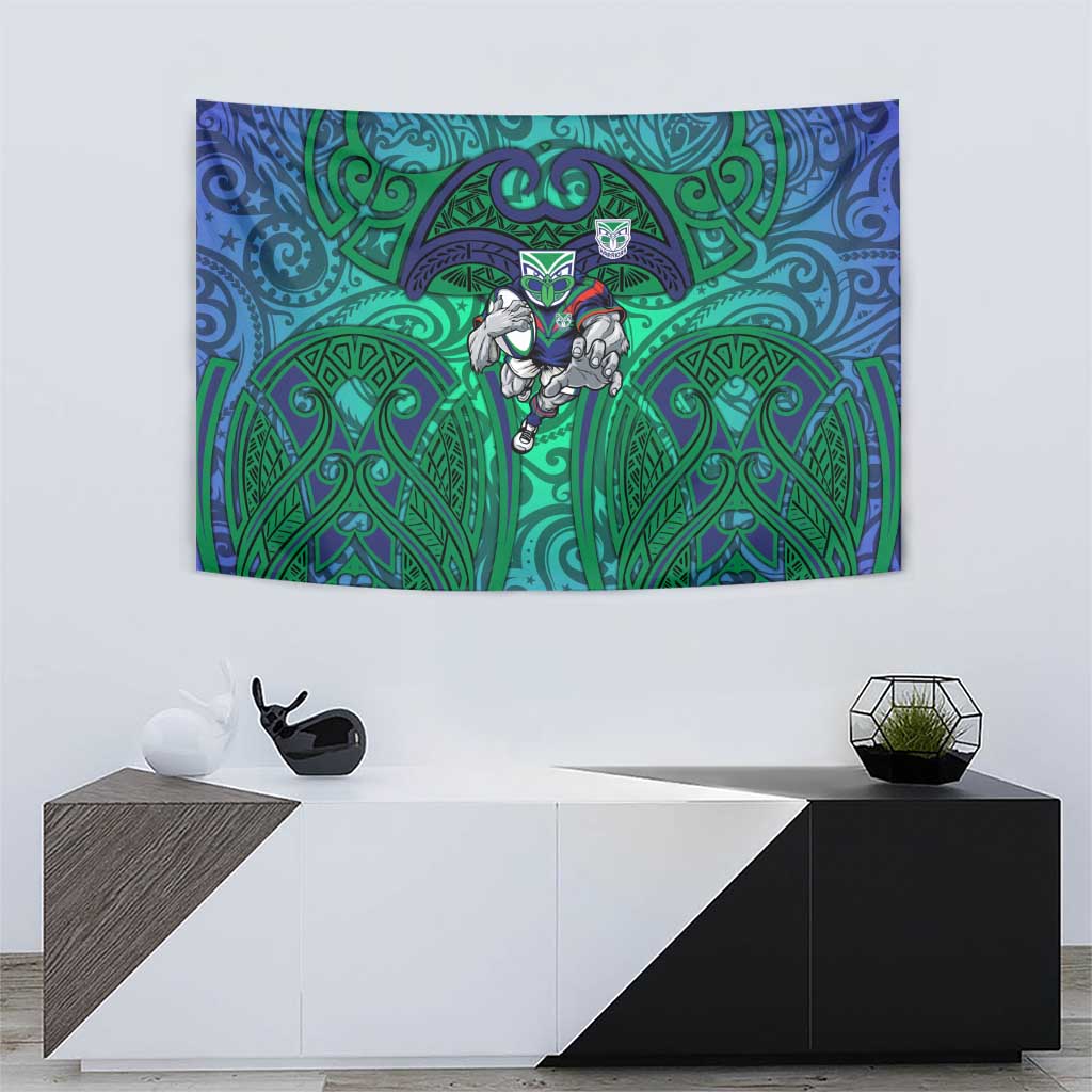 New Zealand Warriors Rugby Tapestry Polynesian Tribal Warrior Mask Green Blue Pattern