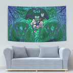 New Zealand Warriors Rugby Tapestry Polynesian Tribal Warrior Mask Green Blue Pattern