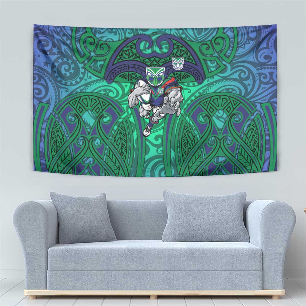 New Zealand Warriors Rugby Tapestry Polynesian Tribal Warrior Mask Green Blue Pattern